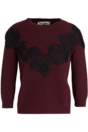 VALENTINO Pullover aus einer gerippten Woll-Kaschmirmischung mit Spitzenbesatz