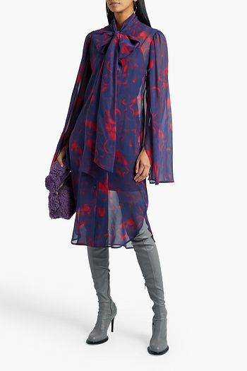 DRIES VAN NOTEN Dovesy pussy-bow printed silk-chiffon midi shirt dress