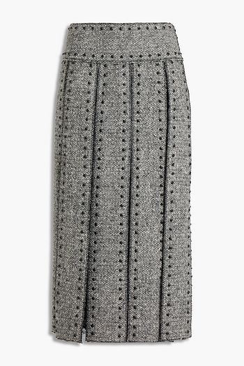 VALENTINO Lace-paneled studded wool-tweed midi skirt