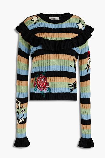 VALENTINO Gestreifter Wollpullover mit Rüschen und Stickereien
