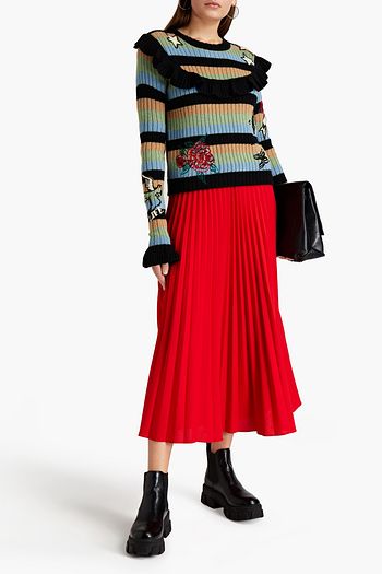 VALENTINO Gestreifter Wollpullover mit Rüschen und Stickereien