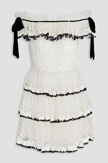 VALENTINO Off-the-shoulder tiered velvet-trimmed embellished tulle mini dress