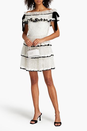 VALENTINO Off-the-shoulder tiered velvet-trimmed embellished tulle mini dress