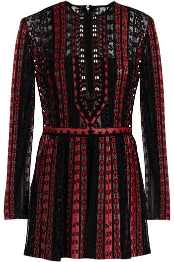 VALENTINO Plissiertes Minikleid aus strukturiertem Leder mit Verzierung und Spitzeneinsätzen