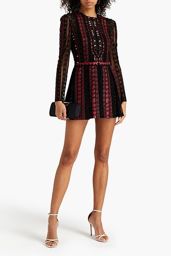 VALENTINO Plissiertes Minikleid aus strukturiertem Leder mit Verzierung und Spitzeneinsätzen