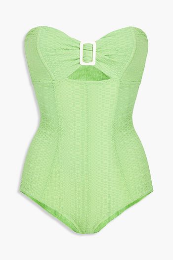 LISA MARIE FERNANDEZ Cutout buckled seersucker bandeau swimsuit