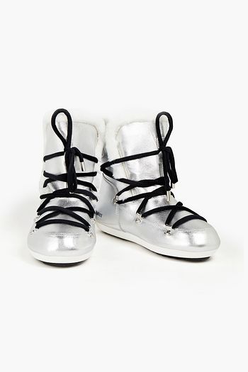 MOON BOOT Shearling-trimmed logo-print metallic leather snow boots