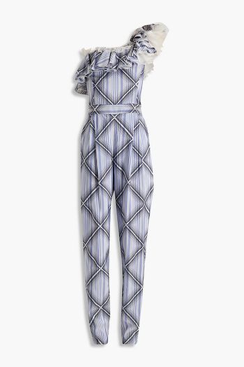 GIAMBATTISTA VALLI One-shoulder ruffled pleated printed silk-jacquard jumpsuit
