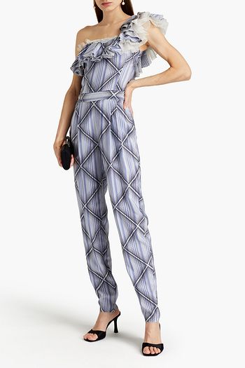 GIAMBATTISTA VALLI One-shoulder ruffled pleated printed silk-jacquard jumpsuit