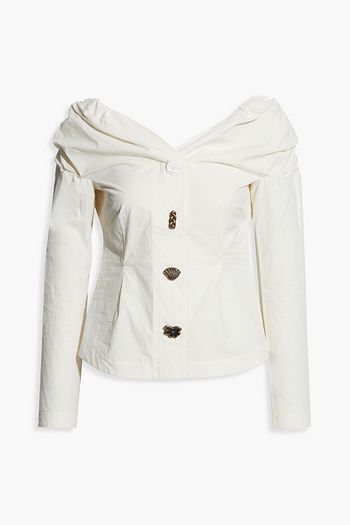REJINA PYO Miriam off-the-shoulder button-embellished crinkled-cotton top