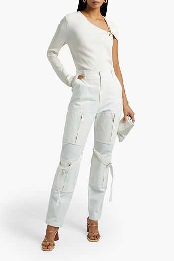 DION LEE One-sleeve embellished ribbed-knit top