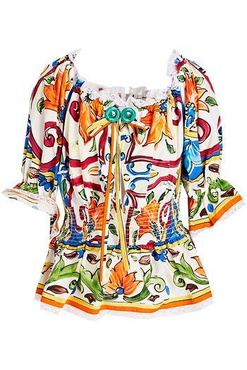 DOLCE & GABBANA Bedrucktes Oberteil aus Popeline aus einer Baumwollmischung mit Spitzenbesatz, Raffung und Verzierung