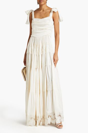 DOLCE & GABBANA Leavers lace-paneled pleated silk-blend satin maxi dress