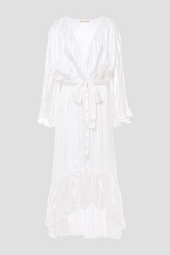 MELISSA ODABASH Wrap-effect metallic pinstriped satin and voile midi dress