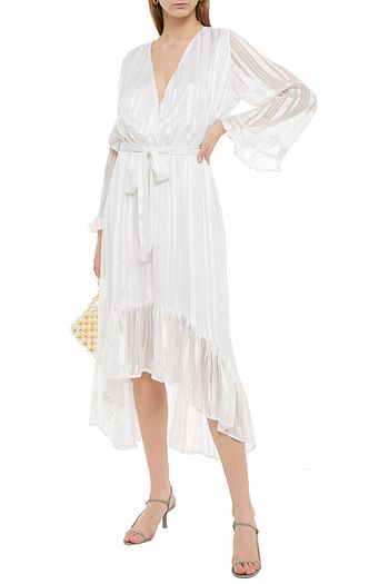 MELISSA ODABASH Wrap-effect metallic pinstriped satin and voile midi dress