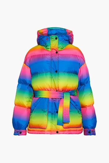 PERFECT MOMENT Rainbow belted dégradé quilted hooded down ski jacket