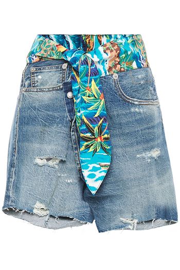 R13 Printed cotton poplin-trimmed distressed denim shorts