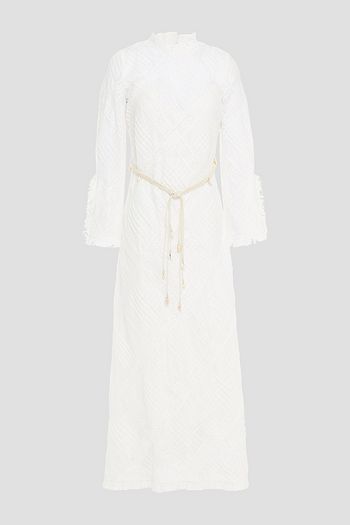ZIMMERMANN Freja Midikleid aus Baumwoll-Voile mit Spitzenbesatz und Gürtel