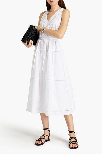 THEORY Belted lattice-trimmed cotton-poplin midi dress