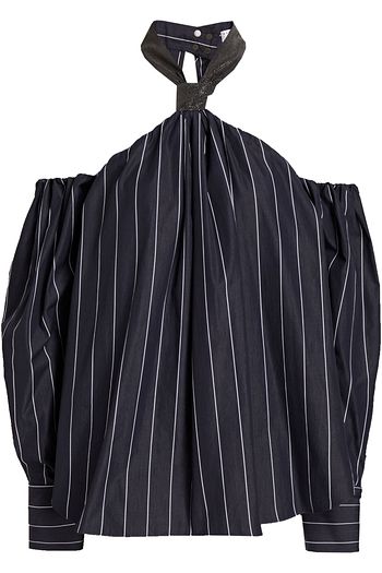 BRUNELLO CUCINELLI Cold-shoulder bead-embellished pinstriped cotton-poplin top