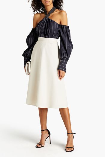 BRUNELLO CUCINELLI Cold-shoulder bead-embellished pinstriped cotton-poplin top