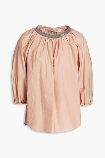 BRUNELLO CUCINELLI Bead-embellished pleated cotton-blend poplin blouse