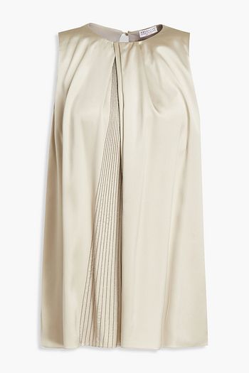 BRUNELLO CUCINELLI Bead-embellished pleated stretch-silk satin top