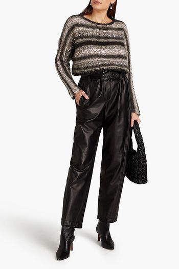 BRUNELLO CUCINELLI Belted bead-embellished leather tapered pants