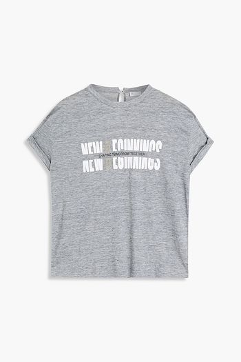 BRUNELLO CUCINELLI Bead-embellished printed linen and silk-blend jersey tank