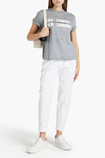 BRUNELLO CUCINELLI Bead-embellished printed linen and silk-blend jersey tank
