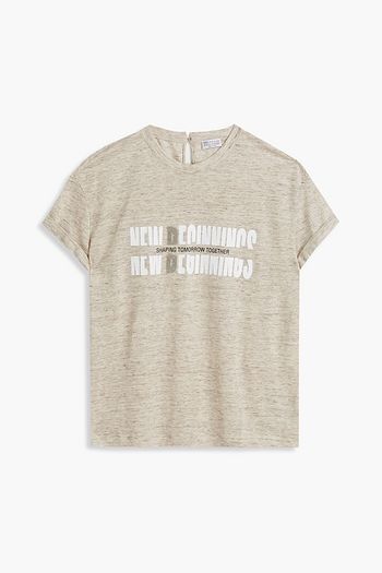 BRUNELLO CUCINELLI Bead-embellished printed linen and silk-blend jersey T-shirt