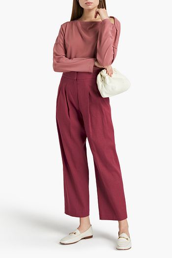 BRUNELLO CUCINELLI Bead-embellished pleated linen-blend twill straight-leg pants