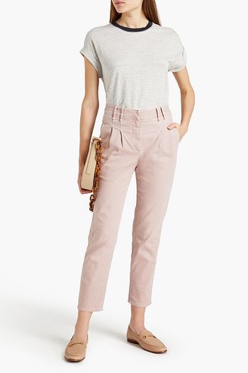 BRUNELLO CUCINELLI Bead-embellished slub striped linen-blend jersey T-shirt