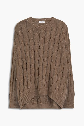BRUNELLO CUCINELLI Sequin-embellished cable-knit cotton, linen and silk-blend sweater