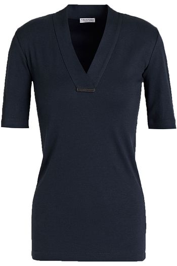 BRUNELLO CUCINELLI Bead-embellished ribbed stretch-cotton jersey top