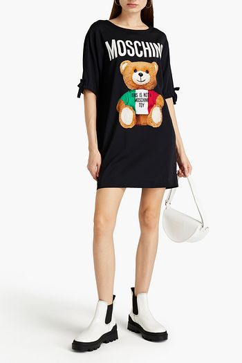 MOSCHINO Bow-embellished printed satin-crepe mini dress