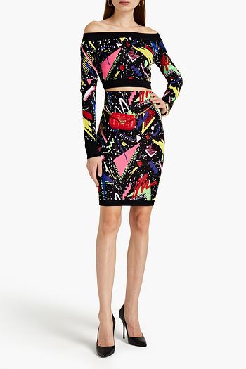 BALMAIN Off-the-shoulder cropped intarsia-knit top