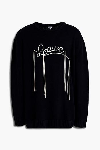 LOEWE Leather-trimmed embroidered fringed cotton sweater