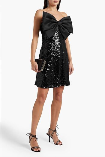 BADGLEY MISCHKA Strapless bow-embellished sequined tulle mini dress
