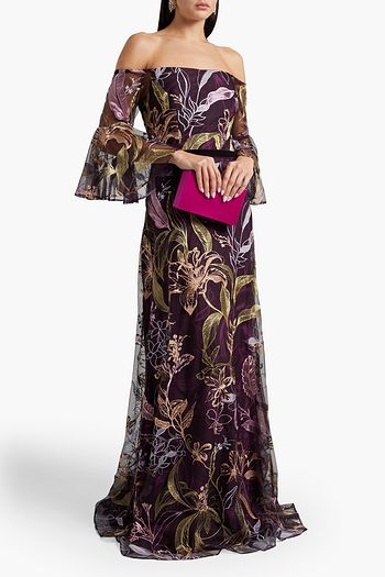MARCHESA NOTTE Off-the-shoulder embroidered tulle gown