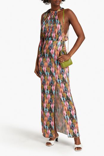 ROTATE BIRGER CHRISTENSEN Cutout gathered printed satin maxi dress