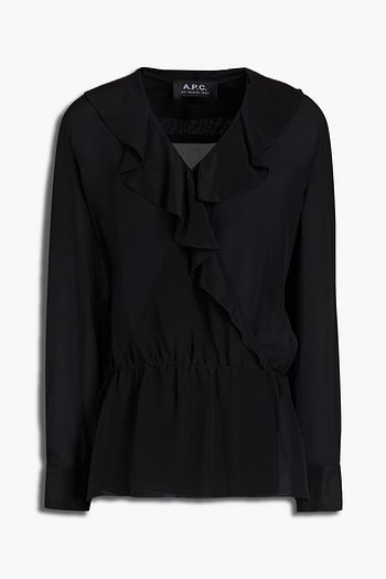 A.P.C. Ruffled gathered silk-georgette wrap blouse