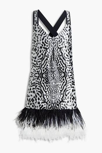 PROENZA SCHOULER Minikleid aus Jacquard mit Leopardenmuster und Federn