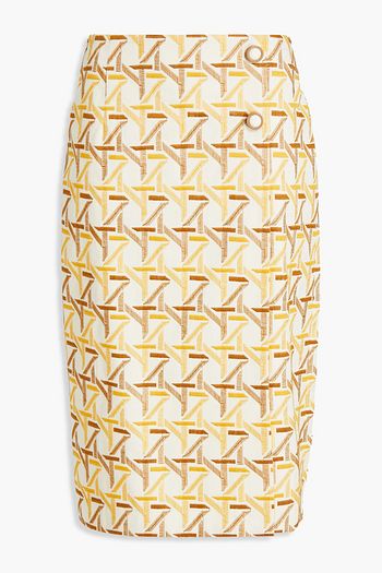 TORY BURCH Wrap-effect embroidered cotton-twill pencil skirt