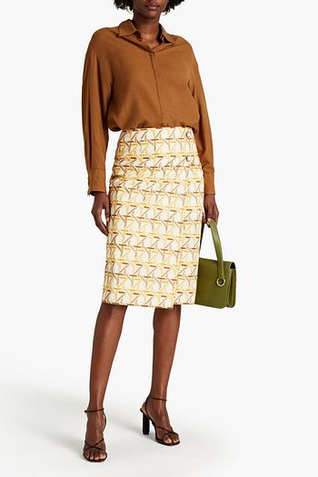 TORY BURCH Wrap-effect embroidered cotton-twill pencil skirt