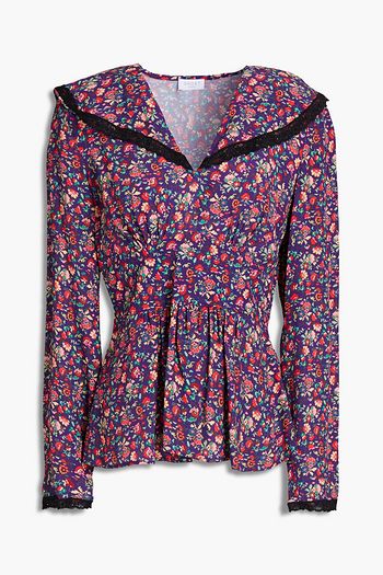 GHOST LONDON Bay lace-trimmed floral-print crepe blouse
