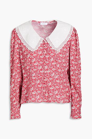 GHOST LONDON Kaia guipure lace-trimmed embroidered printed cotton-crepe blouse