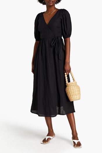 GHOST LONDON Greta gathered ramie-mousseline midi wrap dress