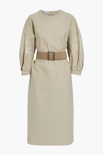 BRUNELLO CUCINELLI Belted lamé-paneled crinkled cotton-blend dress