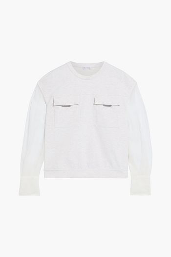 BRUNELLO CUCINELLI Bead-embellished organza-paneled cotton-blend jersey top
